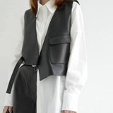 Nukty Women Chic Asymmetrical Short Waistcoat Femme Pu Faux Leather Fashion Loose Thin Sleeveless Jacket Mujer V-neck Big Pocket Vest