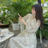 Nukty Summer Basic Long Dress Long Sleeve V-Neck Floral Printed Retro Vintage A-Line Women Dresses Chic Korea Fashion Vestidos