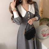 Nukty Vintage Lace Plaid Chic Puff Sleeve Woman Dresses Women Korean Temperament Office Lady Lapel Robe Slim Waist Long Sleeve Dress