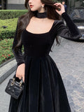Nukty Velvet Elegant Evening Party Midi Dresses Ladies Black France Vintage Dress Women New Winter Korean One-piece Dress Autumn