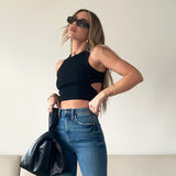Nukty Summer Tops Women y2k Aesthetic Side Hollow Out Knitted Tanks Solid Color Sleeveless Sweat Shirt Basic Clothes Streetwear