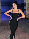 Nukty Elegant Side Hollow Out Backless Sexy Midi Dress For Women Gown Summer New Spaghetti Strap Sleeveless Club Party Dress