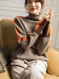 Nukty Winter Women's Turtleneck Sweater Warm Pullover Commuter Elegant Top Loose Casual Women's Top Retro Contrast Color
