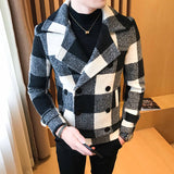 Nukty Autumn Winter New Double-Breasted Windbreaker Slim Short Men Woolen Coat Fashion Retro Plaid Thick Casual Windbreaker Coat