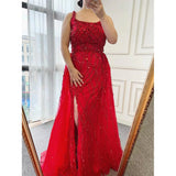 Nukty Luxury Prom Dress High Side Slit Square Collar Sequined Tulle Sleeveless Mermaid Red Elegant Evening Gowns