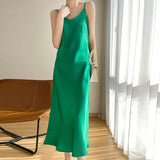 Nukty Tri-Acetate Satin Silky V-Neck Temperament Female Summer Beautiful Silk Suspender Dress New Long Skirt Is Thin