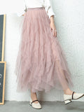Nukty Fashion Tutu Tulle Skirt Women Long Maxi Skirt Spring Summer Korean Black Pink High Waist Pleated Skirt Female