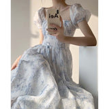 Nukty Blue and White Porcelain Printing Off Shoulder Style Backless Sweet Midi Dress Summer Backless Sexy Outfits