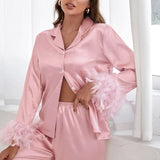 Solid Casual Sleepwear Women's Robe With Feathers Single Breasted Turn Down Collar Women Sleeping Clothes Set Satin Pajamas Sets