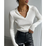 Fashion Lapel White Thin Sweater Women Autumn Sexy V-neck Slim Pink Knitted Pullovers Casual High Street Bottoming Shirt