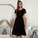 New Lace Short Sleeve Knitting Dress For Women Casual Solid O Neck Button Ladies Spring Summer Medium Long Elegant Dress