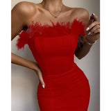 New Summer Sexy Strapless Backless Feather Black Midi Women Bodycon Bandage Dress Designer Fashion Party Club Dress Vestido