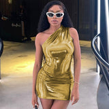 Nukty Pu Leather One Shoulder Sleeveless Draped Mini Prom Dress Summer Fall Women Elegant Y2K Evening Party Club Clothes
