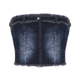 Nukty Sexy Denim Skirt Women Set Tube Tops Fur Edge Mermaid Dress Female Streetwear Set Summer Slim Sleeveless Spicy Suits