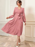 Summer Dresses Woman Elegant V-neck Long-sleeved Dress Fashion Office Midi Dress  Bandage Dresses Party Women's Clothing