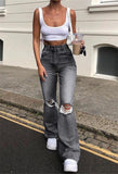 Nukty new style micro-bladed jeans women's ripped European and American high-waisted wide-leg flared trousers all-match loose