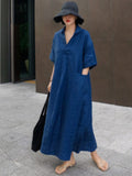 Nukty New Summer Short Sleeve Cotton Linen Ladies Dress Loose Oversized Casual Skirt A-Line Large Pocket Fashion Long Skirt