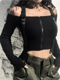 Nukty Spring T Shirt Women Long Sleeve T-shirt Crop Top Korean Fashion Style Feminina Knitted Cotton Black Sexy Short tshirt