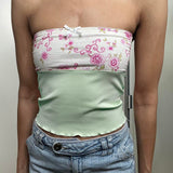 Nukty Women Y2k Crop Top Ruffle Frill Camisole Cute Bow Floral Print Strapless Tank Aesthetic Fairy Grunge Tube Top 2000s Clubwear