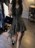 Nukty Y2K Mini Dress Summer Gothic Strap Ruffles Fairy Dress Women Sleeveless Irreular V-neck Cake Dress Emo Alt Vintage Goth