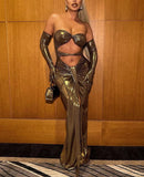 Nukty Pu Leather Strapless Draped Folds With Gloves Hollow Out Slit Maxi Prom Dress Sexy Fall Elegant Evening Party Y2K