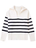 Nukty Casual Knitted Sweater Autumn Femme Vintage V Neck Striped Loose Elegant Pullover Chic Jumper Women's Long Sleeve Top