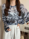 Nukty Tie Dye Long Sleeve T-shirts Women Breathable Summer O-neck Design Mesh Sun-proof Loose Tshirts Korean Style All-match Tops Chic