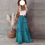 Nukty Summer Long Patchwork Print A-Line Skirt Floral Skirt Women Casual Beach Faldas Female Boho Elastic Waist Holiday Maxi Skirts