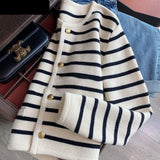 Nukty Korean Striped Cardigans For Woman Autumn Winter Fashion Long Sleeve Button Sweater Coats Vintage Female Casual Crop Knit Tops