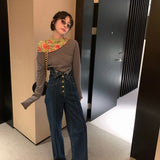 Nukty Elegant Korean Jeans Women Winter New High-Waist French Designer Wide-legged Pants Blue Casual Designer Long Pants Autumn