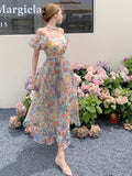 Nukty Women's Skirts Long Dress Fairy Dress French Puff Sleeve Floral Dress Sweet Gauze Bandage Beach Dress Birthday Dress for Women
