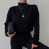 Fashion Half-high Collar Green Sweater Suit for Women Autumn Winter Casual Long-sleeved Loose White Knitted 2 Piece Set