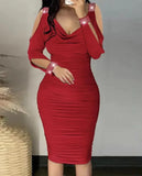 Nukty Autumn Sexy Elegant Off Shoulder Party Tight Dress Women Fashion V-Neck Hollow Out Diamond Long Sleeve Stacked Slim Dress Women