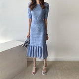 Nukty Casual Chic Korean Temperament Slim Sexy Hollow Out Dresses O Neck Short Sleeve Wrap Hip Knitted Dress White Lady Summer