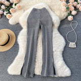Nukty Houndstooth Print Long Pants High Waist Vintage Long Trousers Women New Spring Autumn Slim Split Hem Casual Female Patns