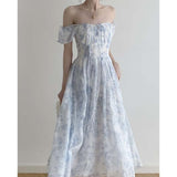Nukty Blue and White Porcelain Printing Off Shoulder Style Backless Sweet Midi Dress Summer Backless Sexy Outfits