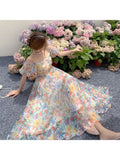 Nukty Women's Skirts Long Dress Fairy Dress French Puff Sleeve Floral Dress Sweet Gauze Bandage Beach Dress Birthday Dress for Women