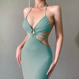 Nukty Summer New Ladies Halter Neck Hollow Dress Sexy Fashion Temperament Suspenders Fishtail Long Skirt Party High Street