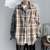 Nukty Spring Autumn Casual Plaid Shirts Men Loose Turn Down Collar Long Sleeve Shirt for Man
