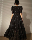 Nukty Floral Dress for Women Fashion Vintage Short Sleeves V Neck Summer Dress French Style Folds Pullover Maxi Dress