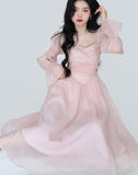 Nukty Elegant Evening Party Midi Dress Women Bubble Sleeve French Vintage Sweet Dress Female Pink Korean Style Fairy Dress Autumn