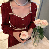 Nukty Vintage Button Dresses for Women Fairy Midi Party Dress Evening Office Lady Design One Piece Dress Elegant Korean Spring