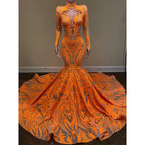 Nukty Orange Mermaid Evening Gowns  Party Dress For Womens Blingbling Applique Long Sleeves Occasion Gown Robe De Soir¨¦e