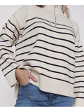 Nukty Casual Knitted Sweater Autumn Femme Vintage V Neck Striped Loose Elegant Pullover Chic Jumper Women's Long Sleeve Top