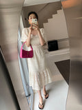 Nukty Sweet Korean Soft Girl Square Collar A Line Midi Dress Summer Lace Embroidery Party Dresses Office Lady Casual Vestidos Feminino
