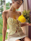 Sexy Halter Hollow Lace Up Floral Print Crop Tops Women Tie Up Backless Camisole Boho Casual Beach Holiday Top Yellow
