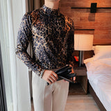 Nukty Flannel T-shirt Winter Men High Collar Pullover Fashion Leopard Slim Fit T-shirt Long Sleeved Velvet Casual Bottoming Shirt