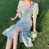 Nukty Harajuku Floral Dress for Women Party French Vintage Retro Office Lady Casual Club Mini Sexy Dresses Summer New Clothes