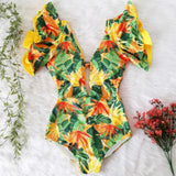 Nukty New Sexy Ruffle Print Floral One Piece Swimsuit Off The Shoulder Swimwear Women Solid Deep-V Beachwear Bathing Suit Monkini