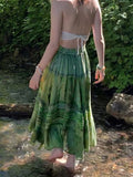 Vintage Green Long Skirt For Women Aesthetic Graphic Print Hight Waist Bohemian Skirts Fairy Grunge Streetwear Ladies Clothes
